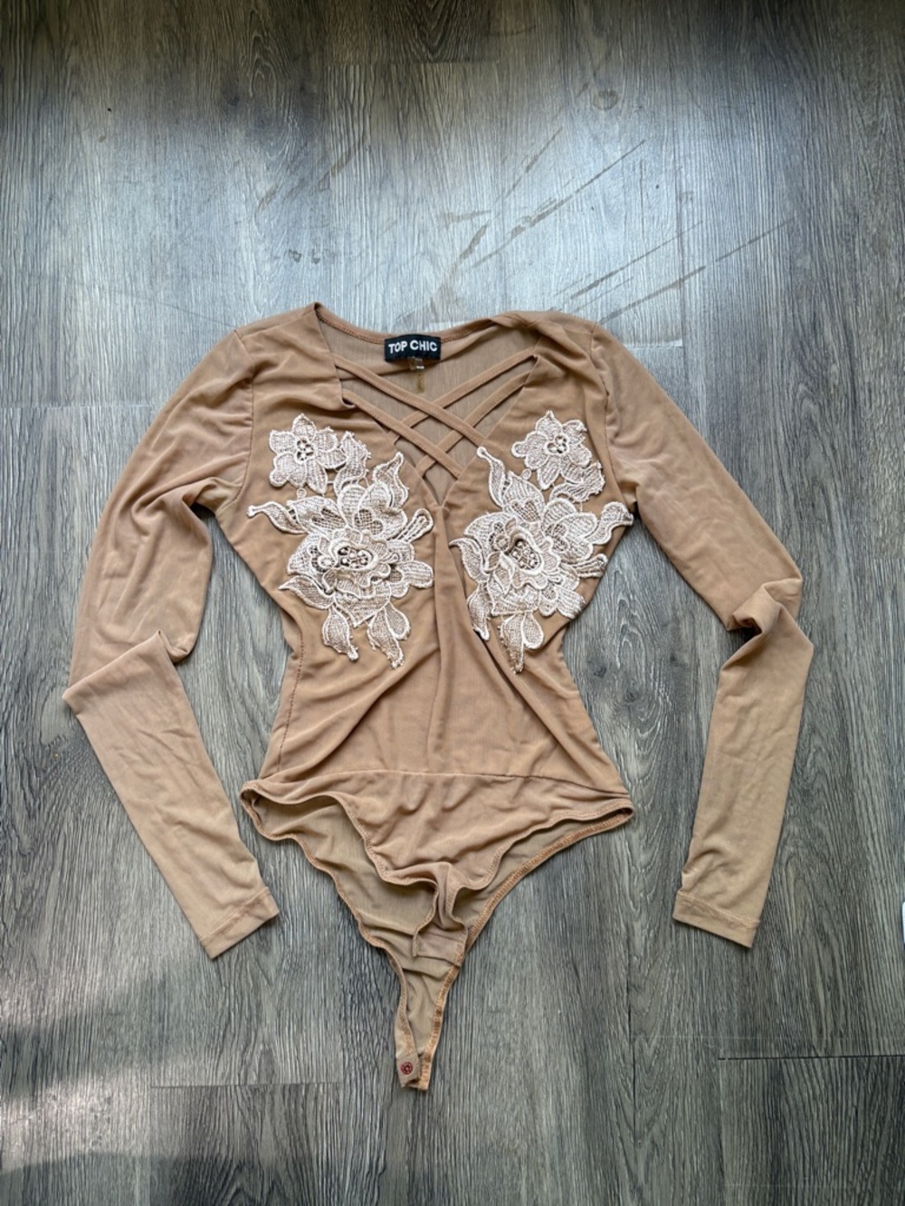 Women's Long Sleeve Lace Applique Bodysuit in Tan